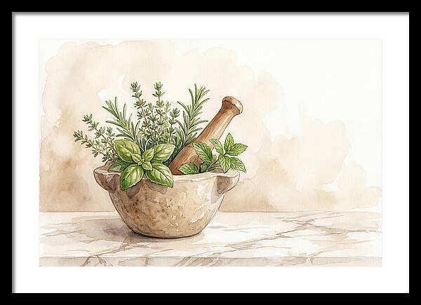 Fresh Herbs In Mortar With Pestle