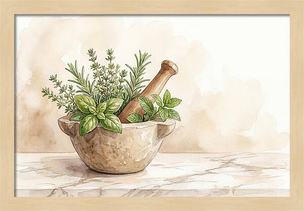 Fresh Herbs In Mortar With Pestle