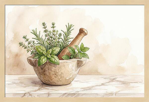 Fresh Herbs In Mortar With Pestle