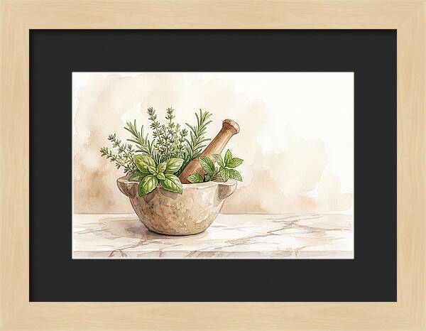 Fresh Herbs In Mortar With Pestle