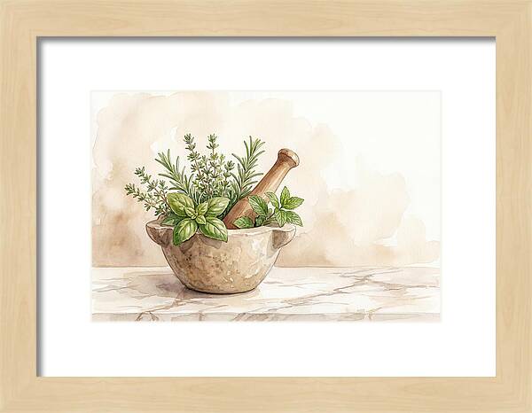 Fresh Herbs In Mortar With Pestle