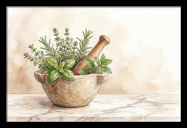 Fresh Herbs In Mortar With Pestle