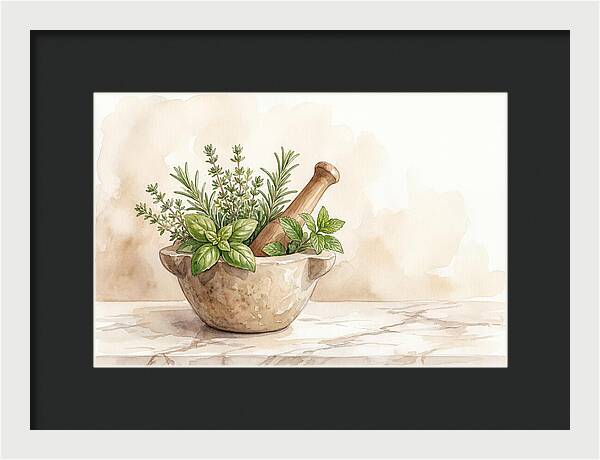 Fresh Herbs In Mortar With Pestle