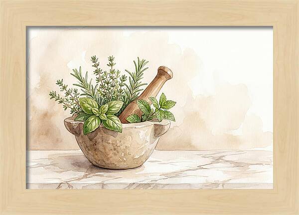 Fresh Herbs In Mortar With Pestle