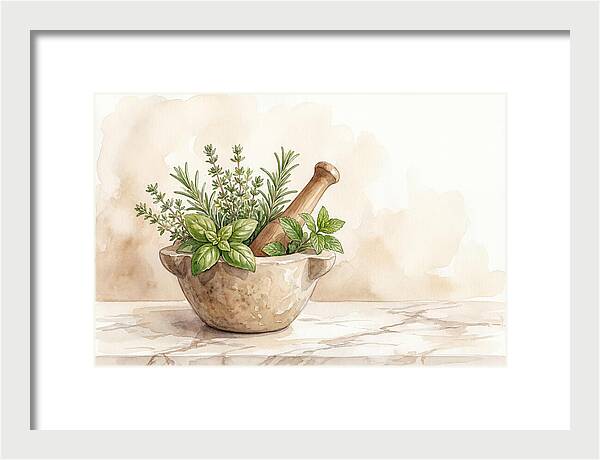 Fresh Herbs In Mortar With Pestle