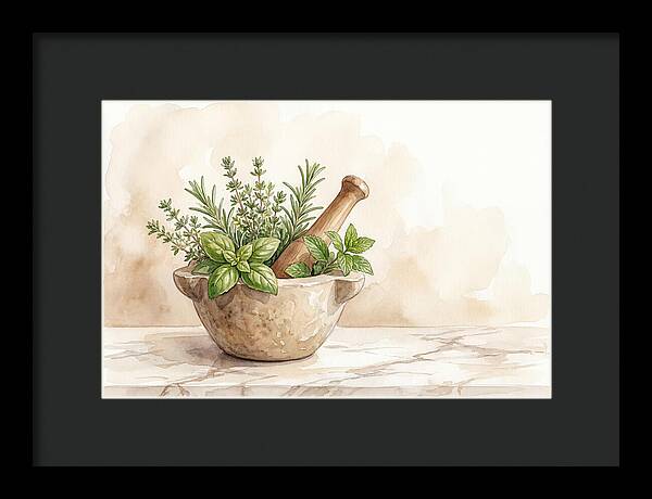Fresh Herbs In Mortar With Pestle