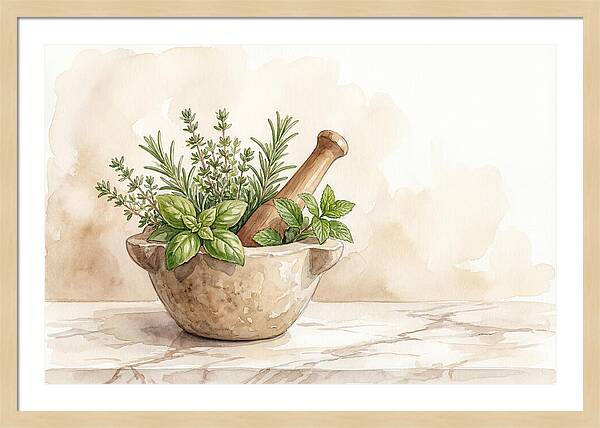 Fresh Herbs In Mortar With Pestle