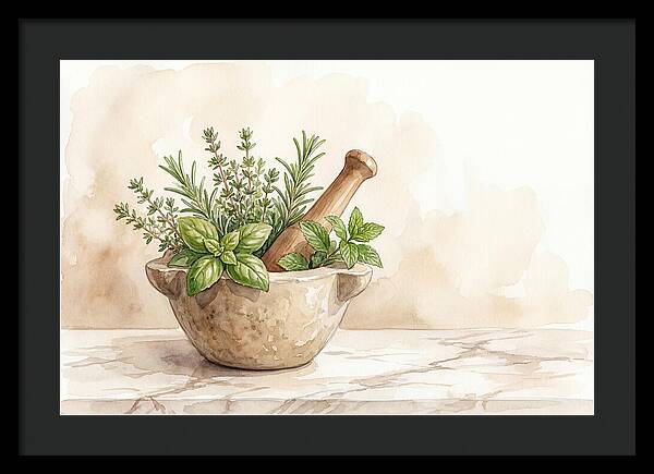 Fresh Herbs In Mortar With Pestle