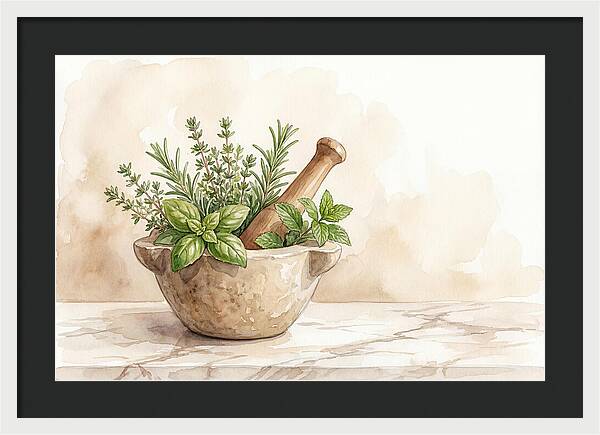 Fresh Herbs In Mortar With Pestle