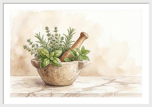 Fresh Herbs In Mortar With Pestle