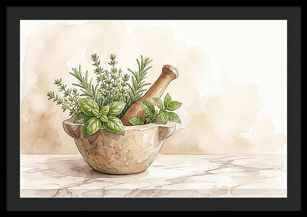 Fresh Herbs In Mortar With Pestle