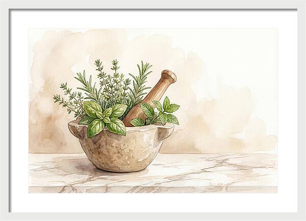 Fresh Herbs In Mortar With Pestle
