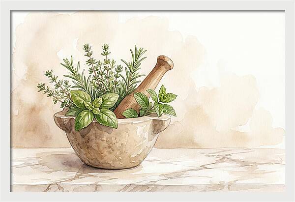 Fresh Herbs In Mortar With Pestle