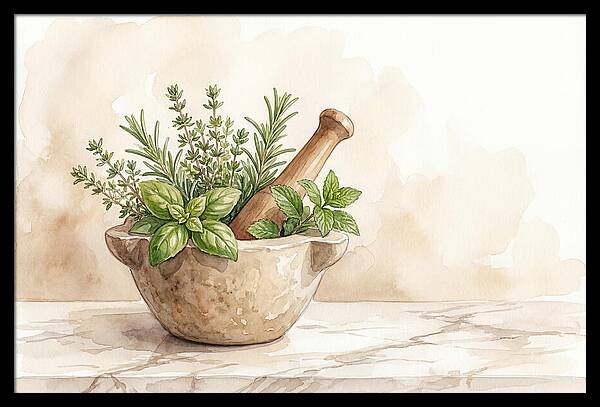 Fresh Herbs In Mortar With Pestle