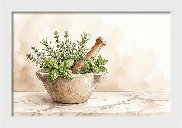 Fresh Herbs In Mortar With Pestle
