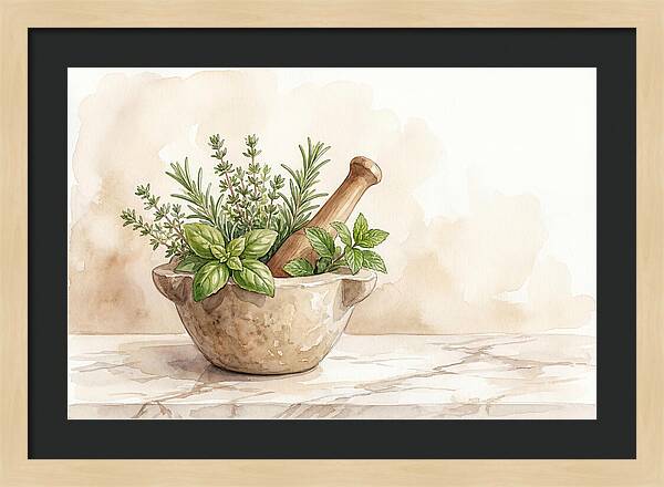 Fresh Herbs In Mortar With Pestle