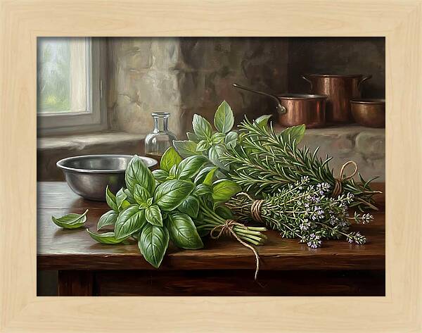 Fresh Herbs On A Rustic Table