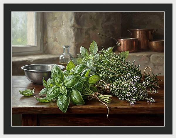 Fresh Herbs On A Rustic Table