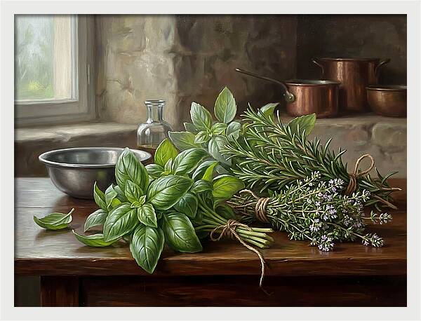 Fresh Herbs On A Rustic Table