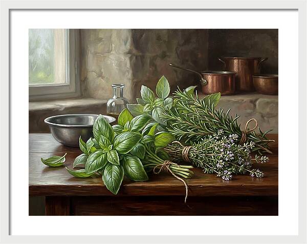 Fresh Herbs On A Rustic Table