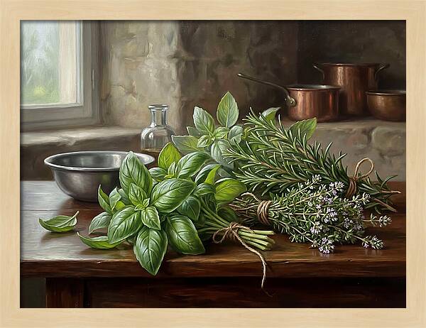 Fresh Herbs On A Rustic Table