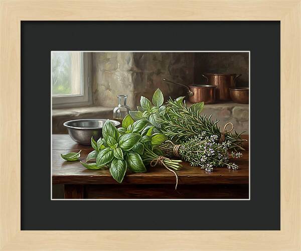 Fresh Herbs On A Rustic Table