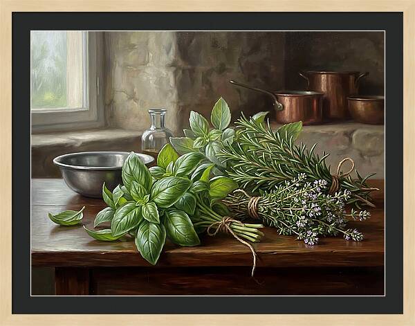 Fresh Herbs On A Rustic Table