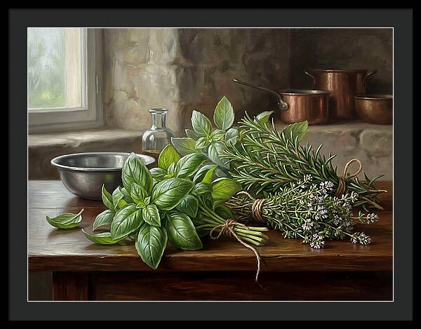 Fresh Herbs On A Rustic Table