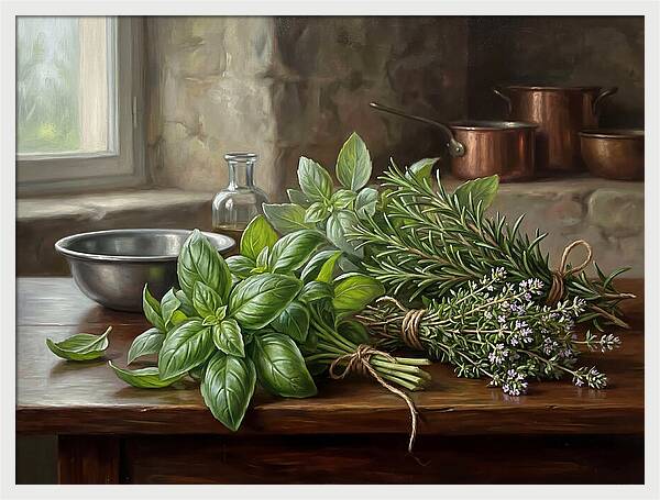 Fresh Herbs On A Rustic Table