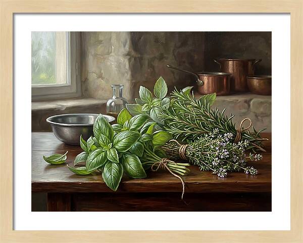 Fresh Herbs On A Rustic Table