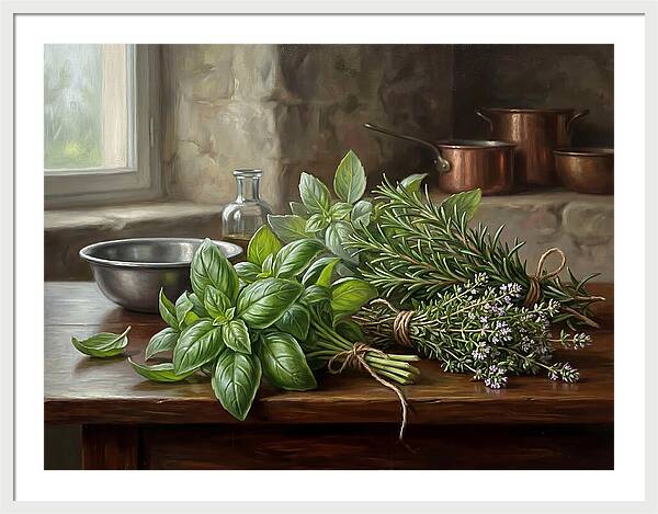 Fresh Herbs On A Rustic Table