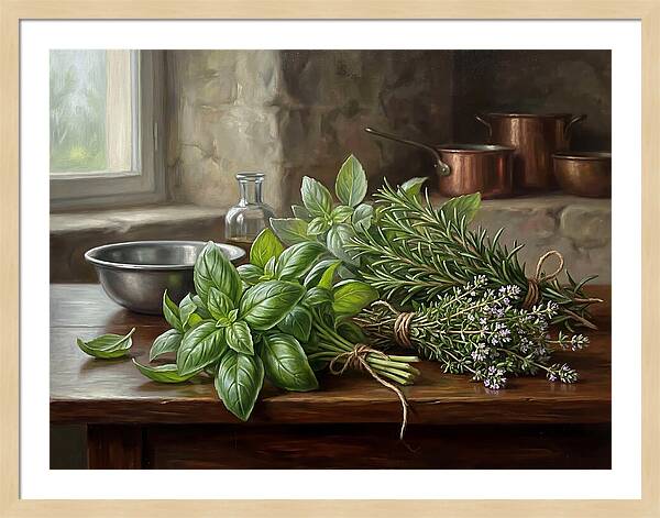 Fresh Herbs On A Rustic Table