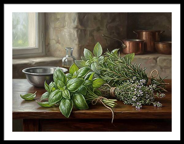 Fresh Herbs On A Rustic Table