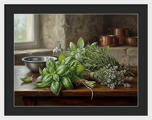 Fresh Herbs On A Rustic Table