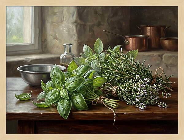 Fresh Herbs On A Rustic Table