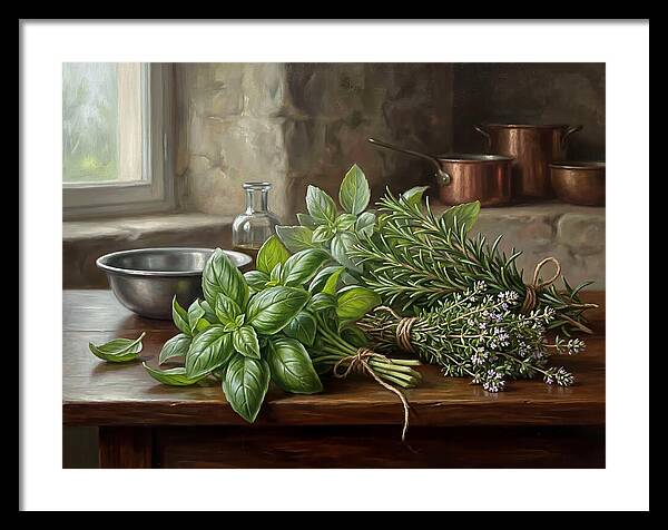 Fresh Herbs On A Rustic Table