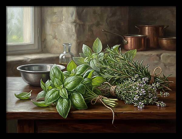 Fresh Herbs On A Rustic Table