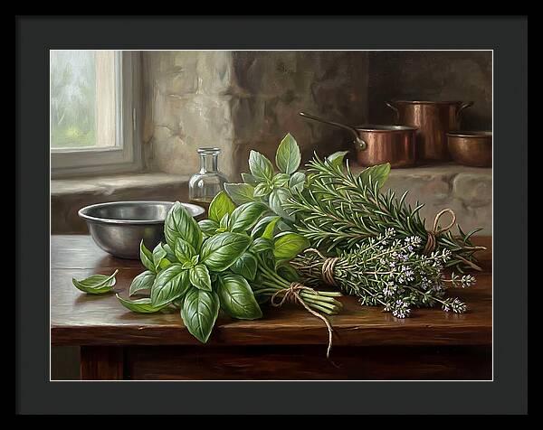Fresh Herbs On A Rustic Table
