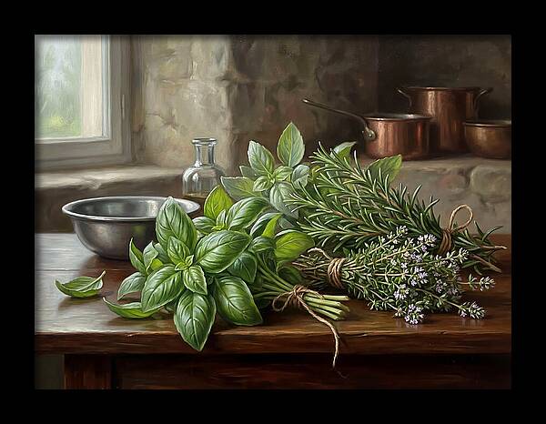 Fresh Herbs On A Rustic Table