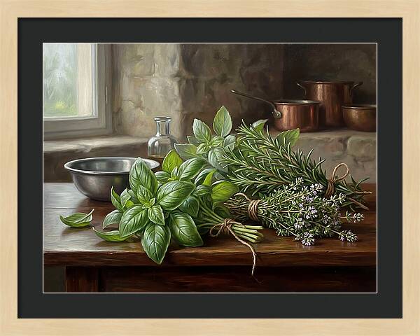 Fresh Herbs On A Rustic Table