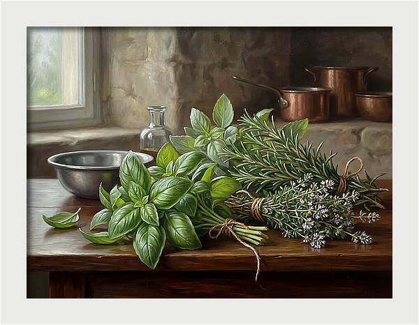 Fresh Herbs On A Rustic Table