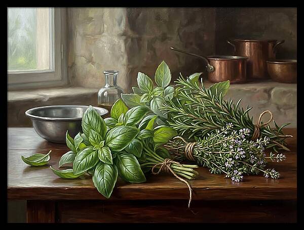Fresh Herbs On A Rustic Table
