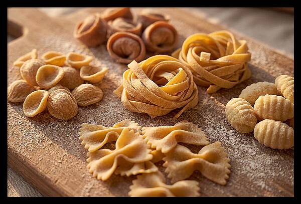 Fresh Pasta Shapes Displayed Artfully
