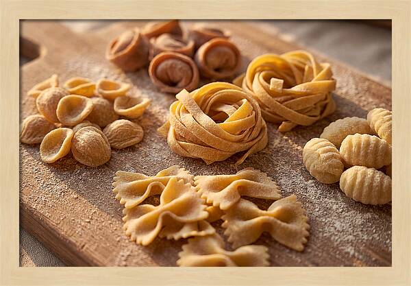 Fresh Pasta Shapes Displayed Artfully