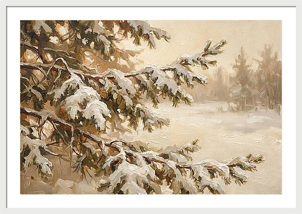 Frosted Pine Branches In Winter Light