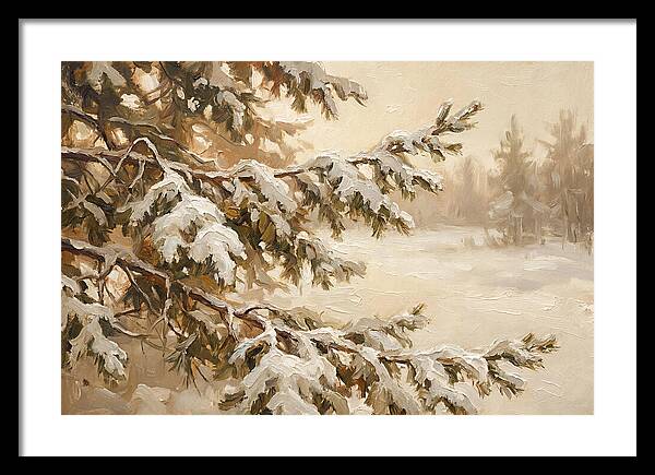 Frosted Pine Branches In Winter Light