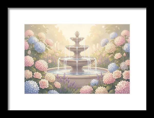 Garden Fountain Surrounded By Flowers