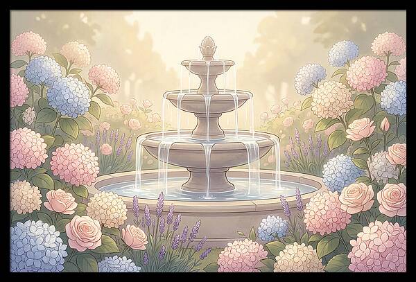 Garden Fountain Surrounded By Flowers
