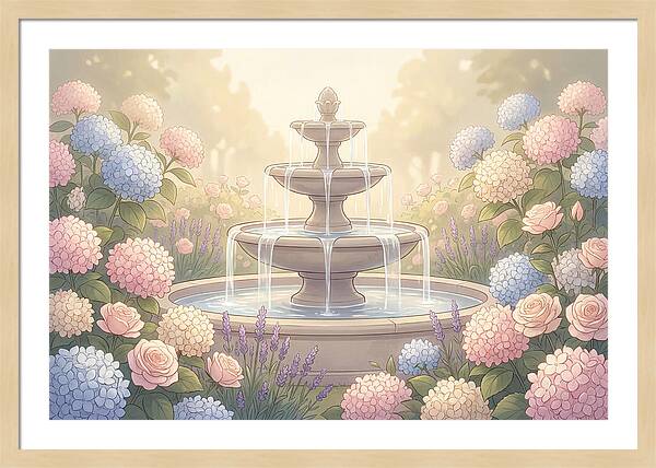 Garden Fountain Surrounded By Flowers