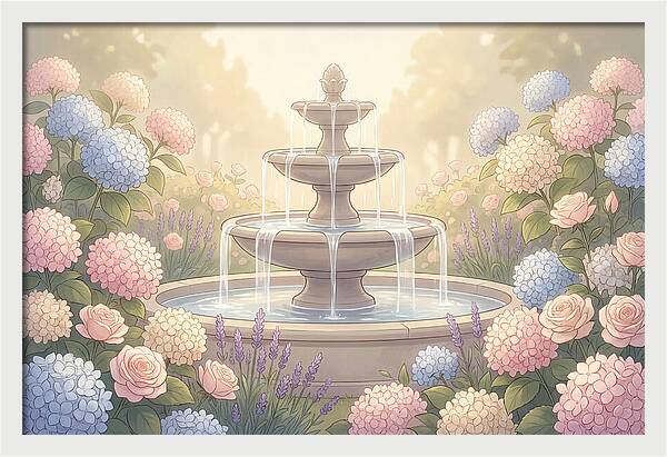 Garden Fountain Surrounded By Flowers
